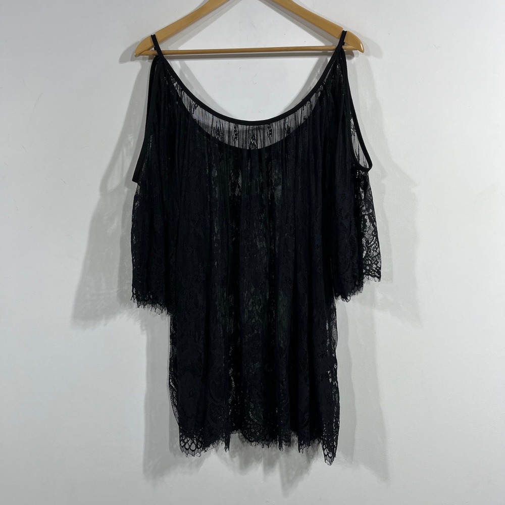 Witchy Whimsigoth Black Floral Lace Cold Shoulder Tunic Top Sheer Bell Sleeve XL